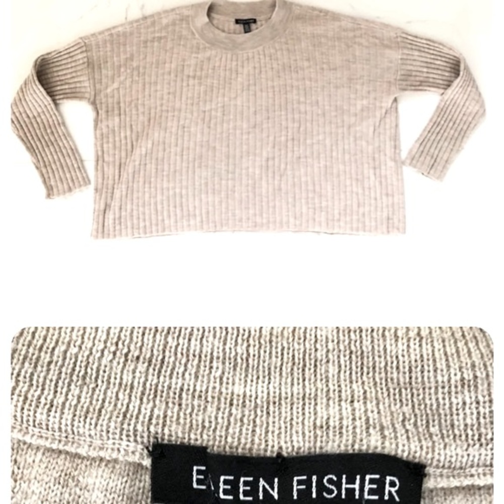 BOXY CROP Eileen Fisher Merino OATMEAL Ribbed Sweater OVERSIZED US M